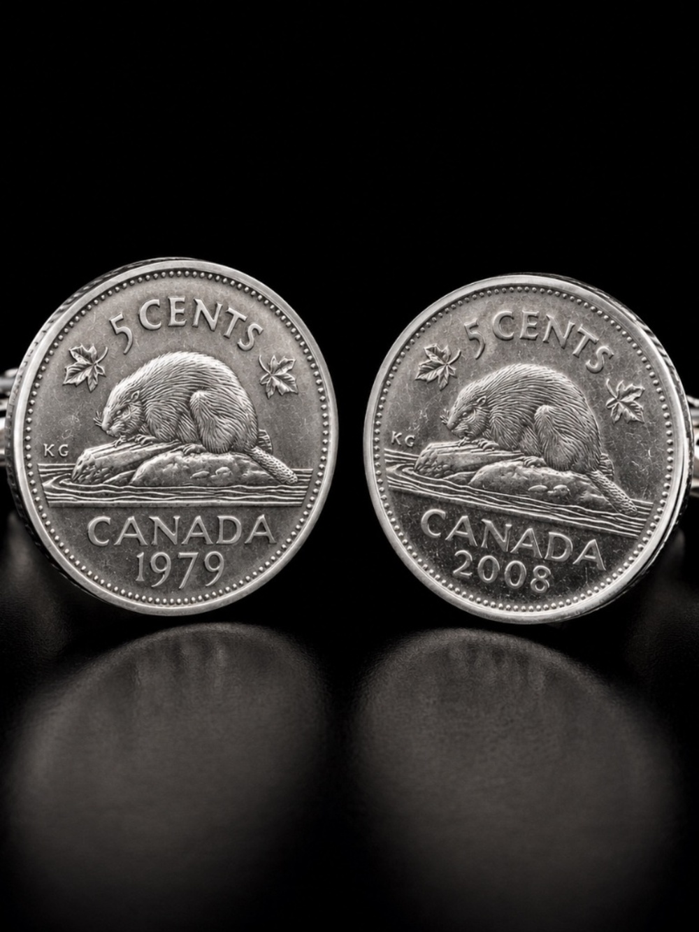 Canadian 5 Cent Beaver Coin Cufflinks 1979 & 2008 Silver Tone Reworked